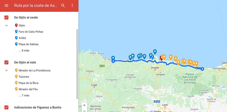 Ruta costa de Asturias mapa pueblos playas