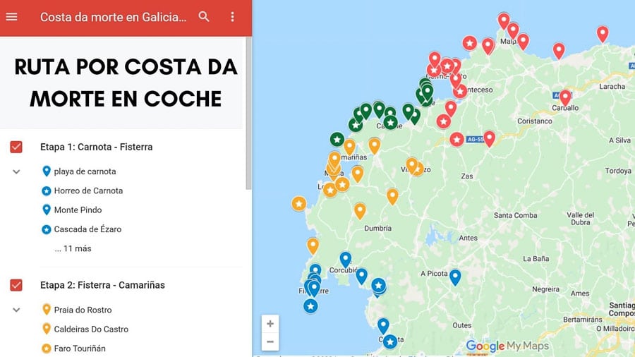 ruta Costa da Morte mapa galicia