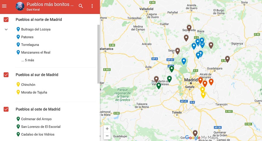 mapa de los pueblos más bonitos de Madrid