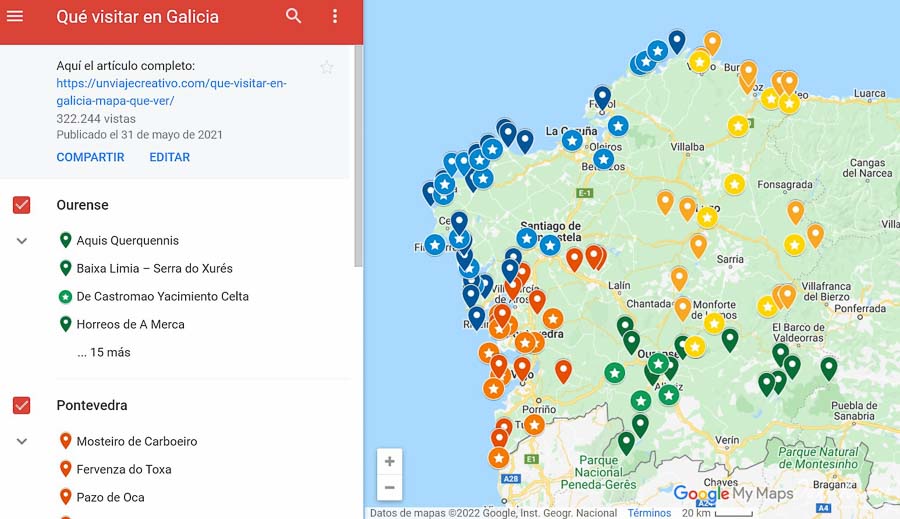 Mapa turístico de Galicia por provincias 
